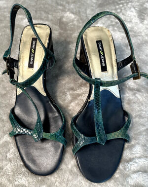 DKNY Jeans Vintage T Strap Heels Sandals Blue Green Leather Y2K Womens Size 7